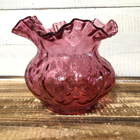 Vintage Cranberry Red Fenton Ruffled Beaded Diamond Optic Vase 5" Tall - Picture 1 of 4